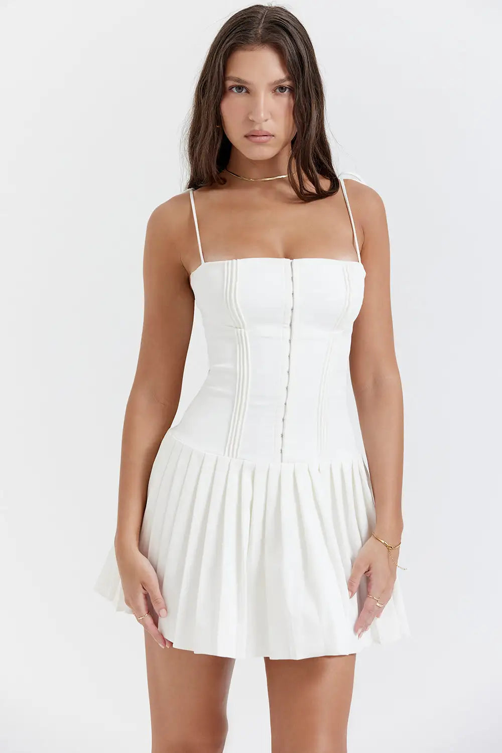 Lucy White Pleated Mini Dress