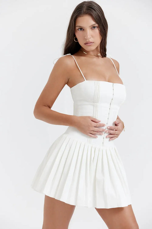 Lucy White Pleated Mini Dress